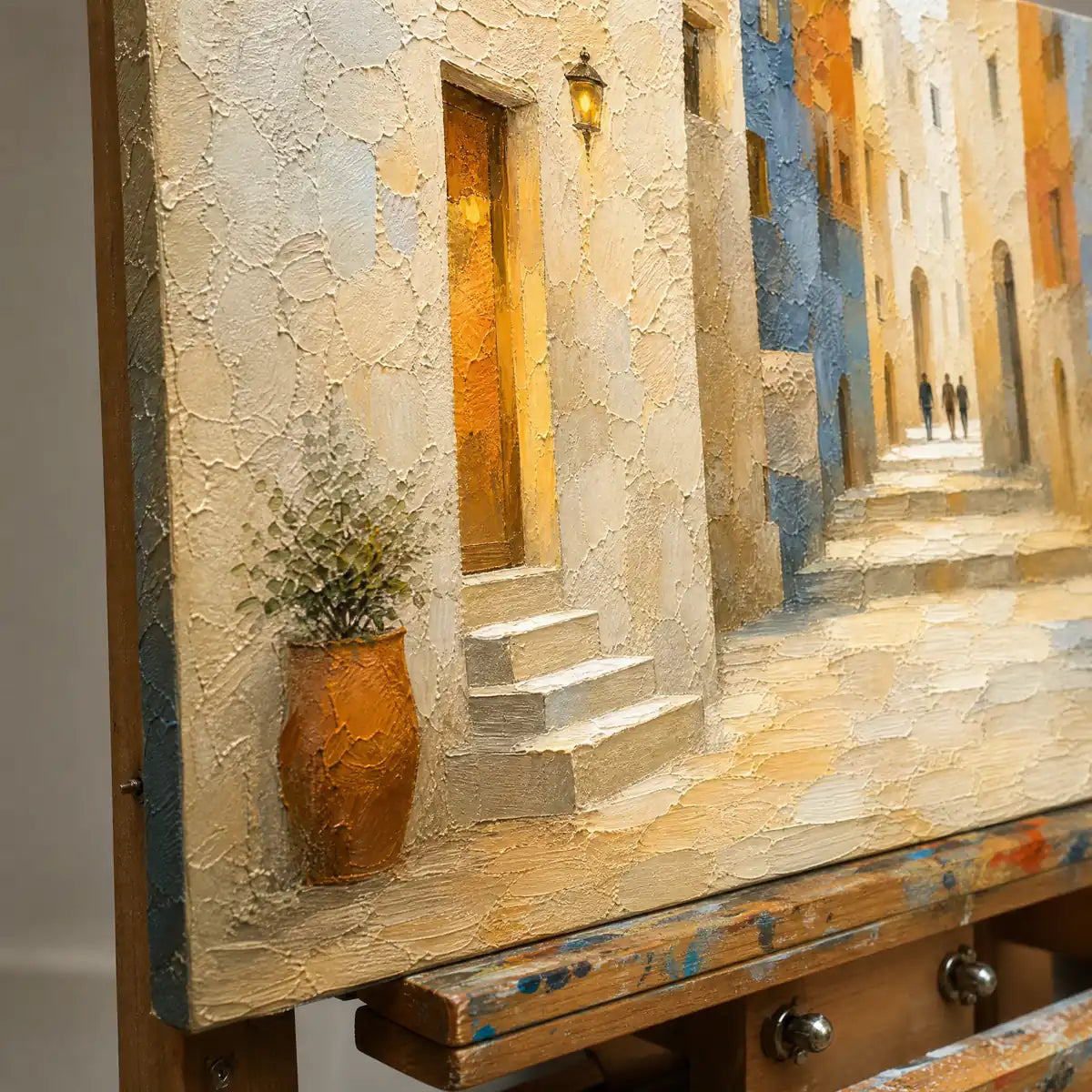 Close-up detail of Sunlit Old Quarter showing hand-painted texture and part of the frame