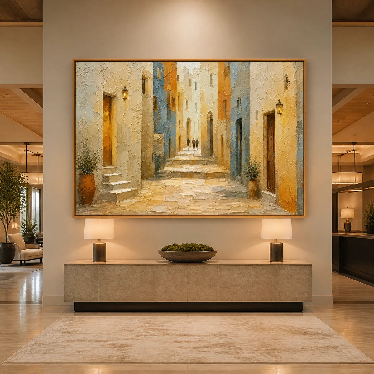 Sunlit Old Quarter in a refined hotel interior with wood frame