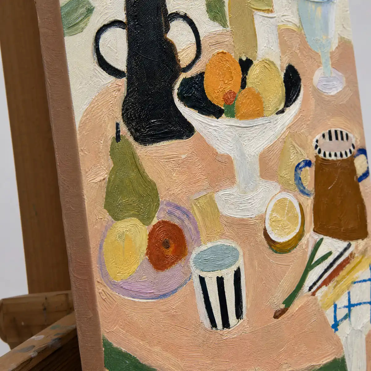 Close-up detail of Tabletop Rhythm showing hand-painted texture and part of the frame
