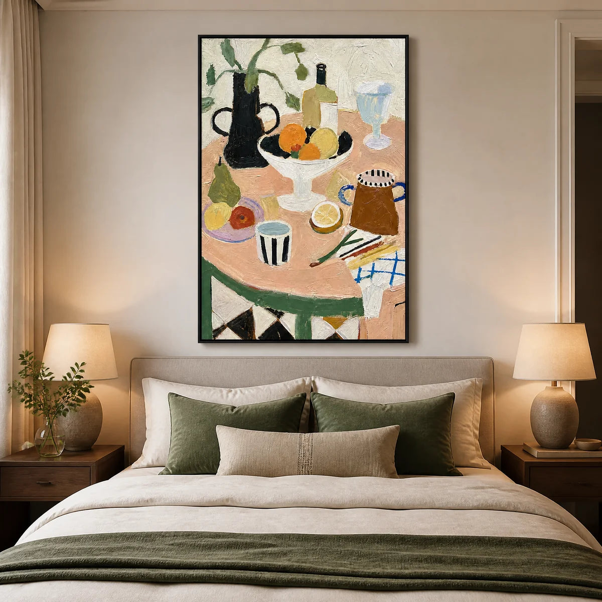 Tabletop Rhythm in a refined bedroom with black frame