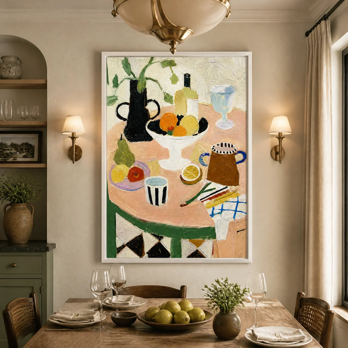 Tabletop Rhythm in a refined dining room with white frame
