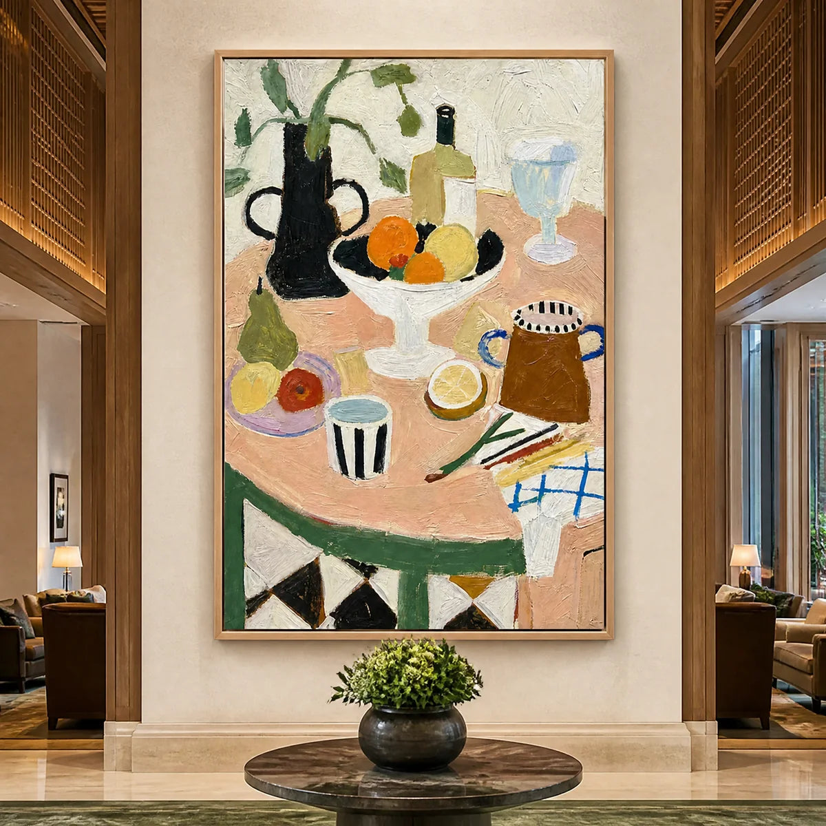 Tabletop Rhythm in a refined hotel interior with wood frame