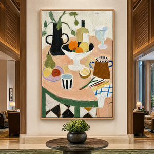 Tabletop Rhythm in a refined hotel interior with wood frame