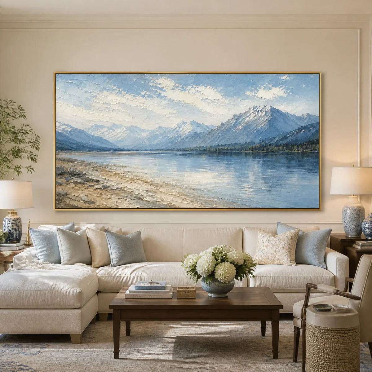 Alpine Stillness in a refined living room with gold frame