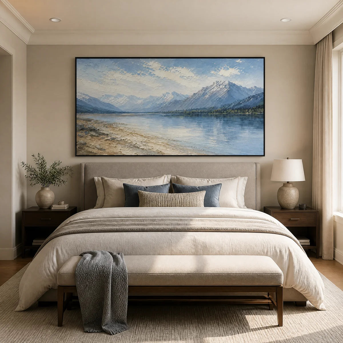 Alpine Stillness in a refined bedroom with black frame