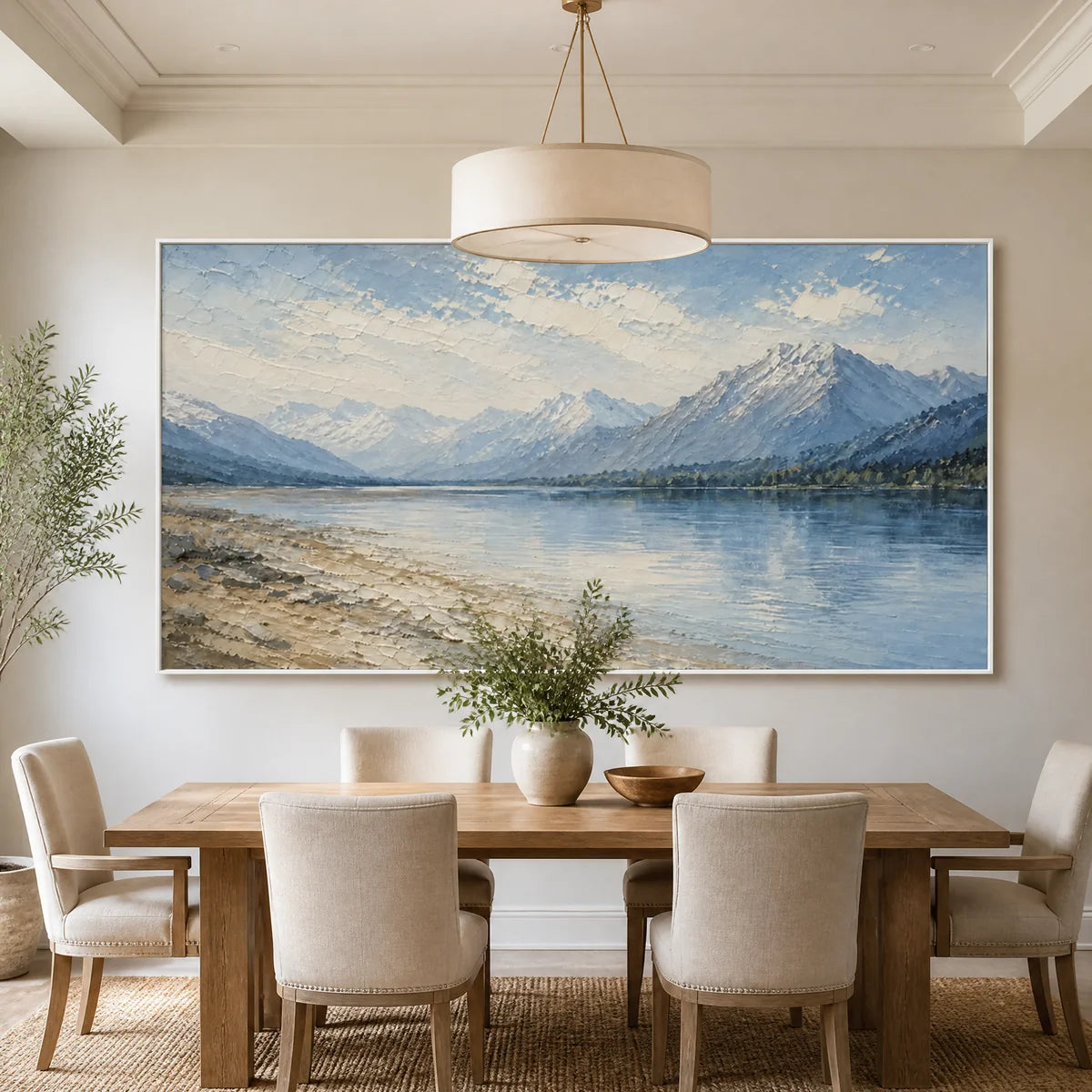 Alpine Stillness in a refined dining room with white frame