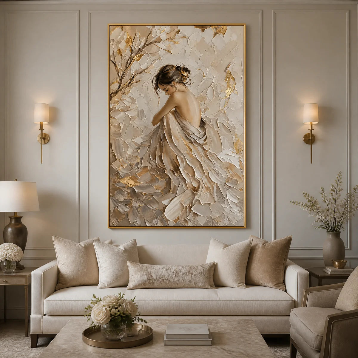 Ivory Reverie in a refined living room with gold frame
