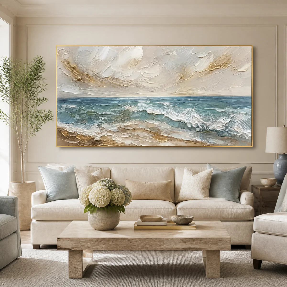 Shoreline Breath in a refined living room with gold frame