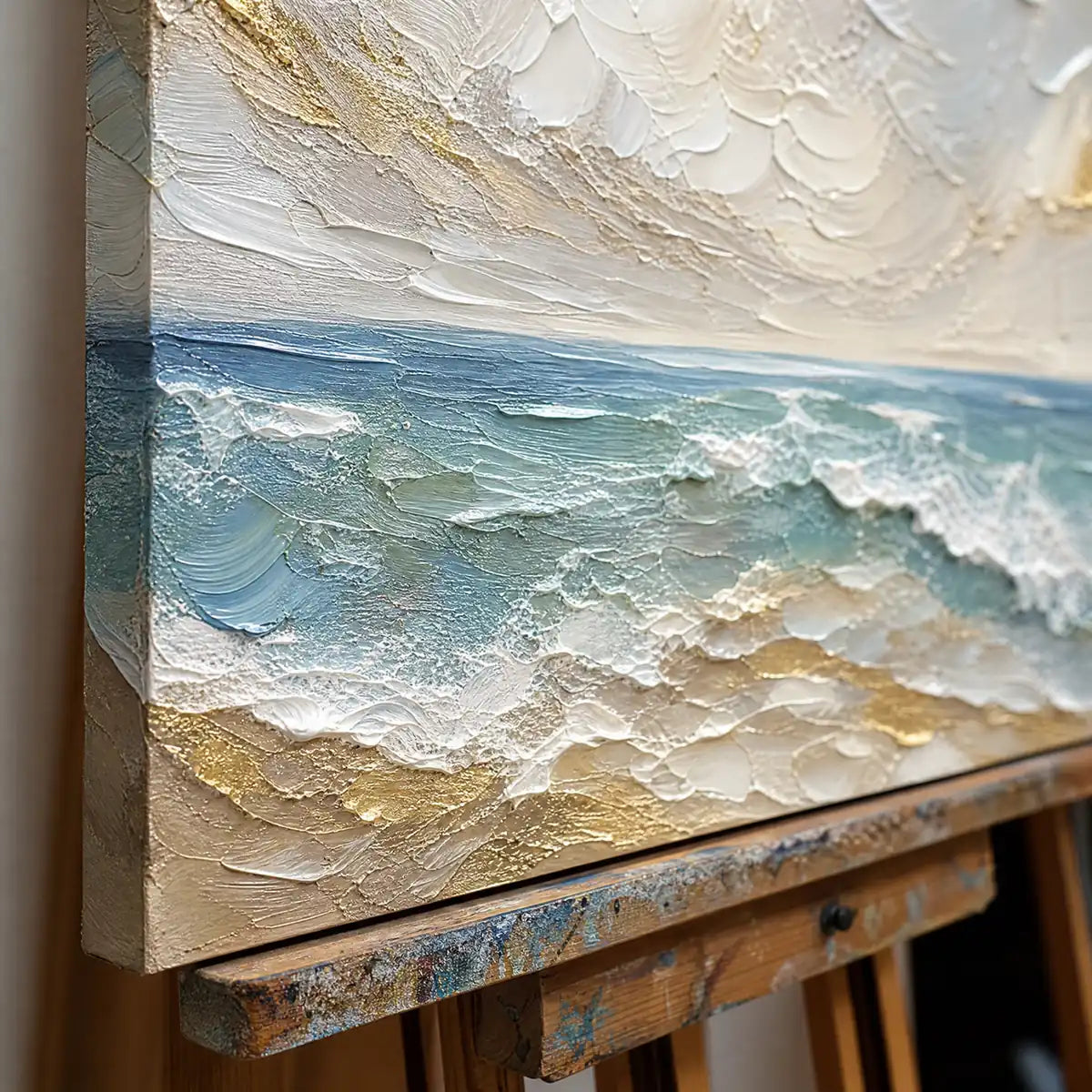 Close-up detail of Shoreline Breath showing hand-painted texture and part of the frame