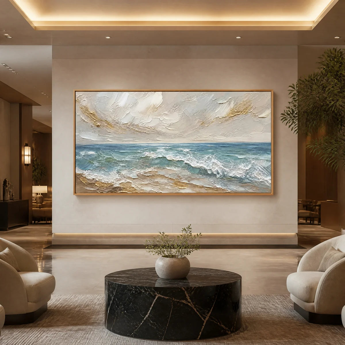 Shoreline Breath in a refined hotel interior with wood frame