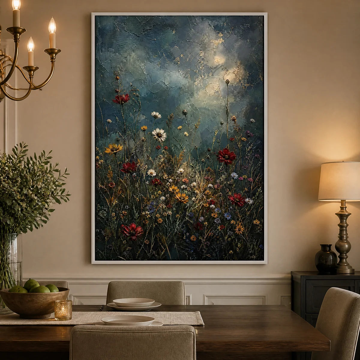 Midnight Wildflowers in a refined dining room with white frame