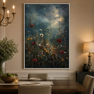 Midnight Wildflowers in a refined dining room with white frame