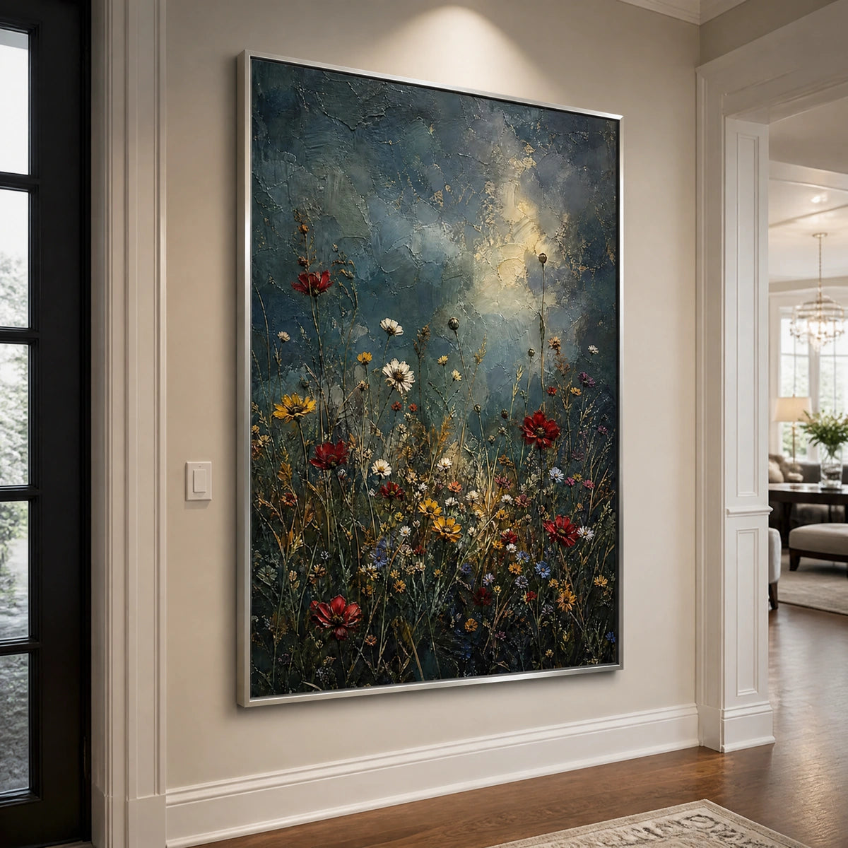 Midnight Wildflowers in a refined entry hall with silver frame