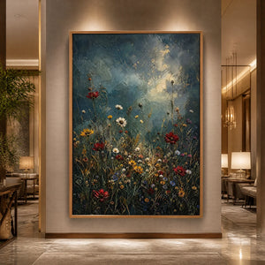 Midnight Wildflowers in a refined hotel interior with wood frame
