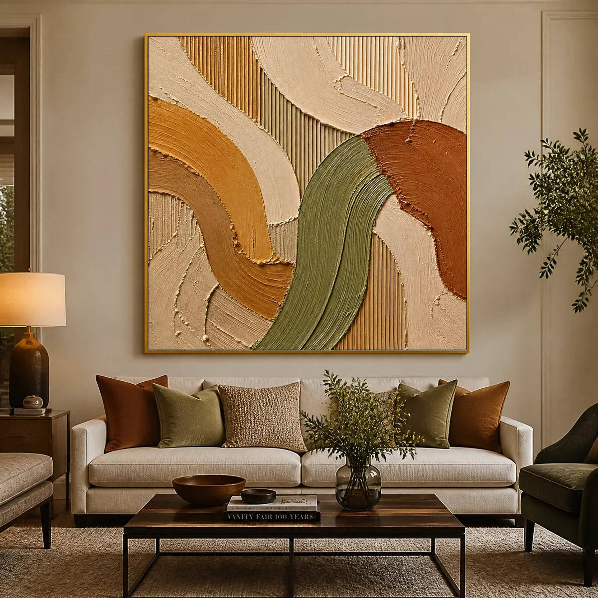 Earthen Meander in a refined living room with gold frame