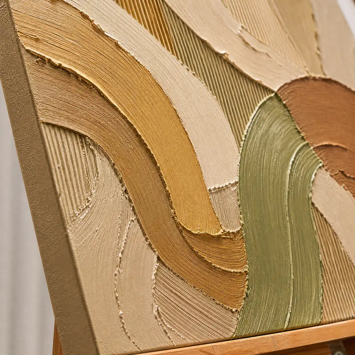 Close-up detail of Earthen Meander showing hand-painted texture and part of the frame