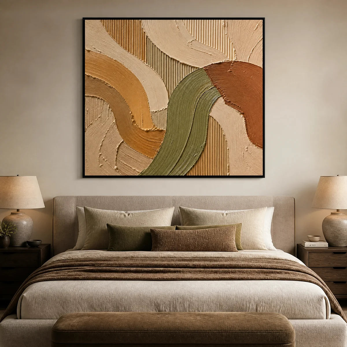 Earthen Meander in a refined bedroom with black frame