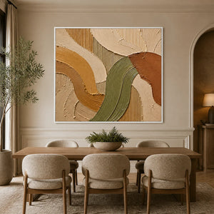 Earthen Meander in a refined dining room with white frame