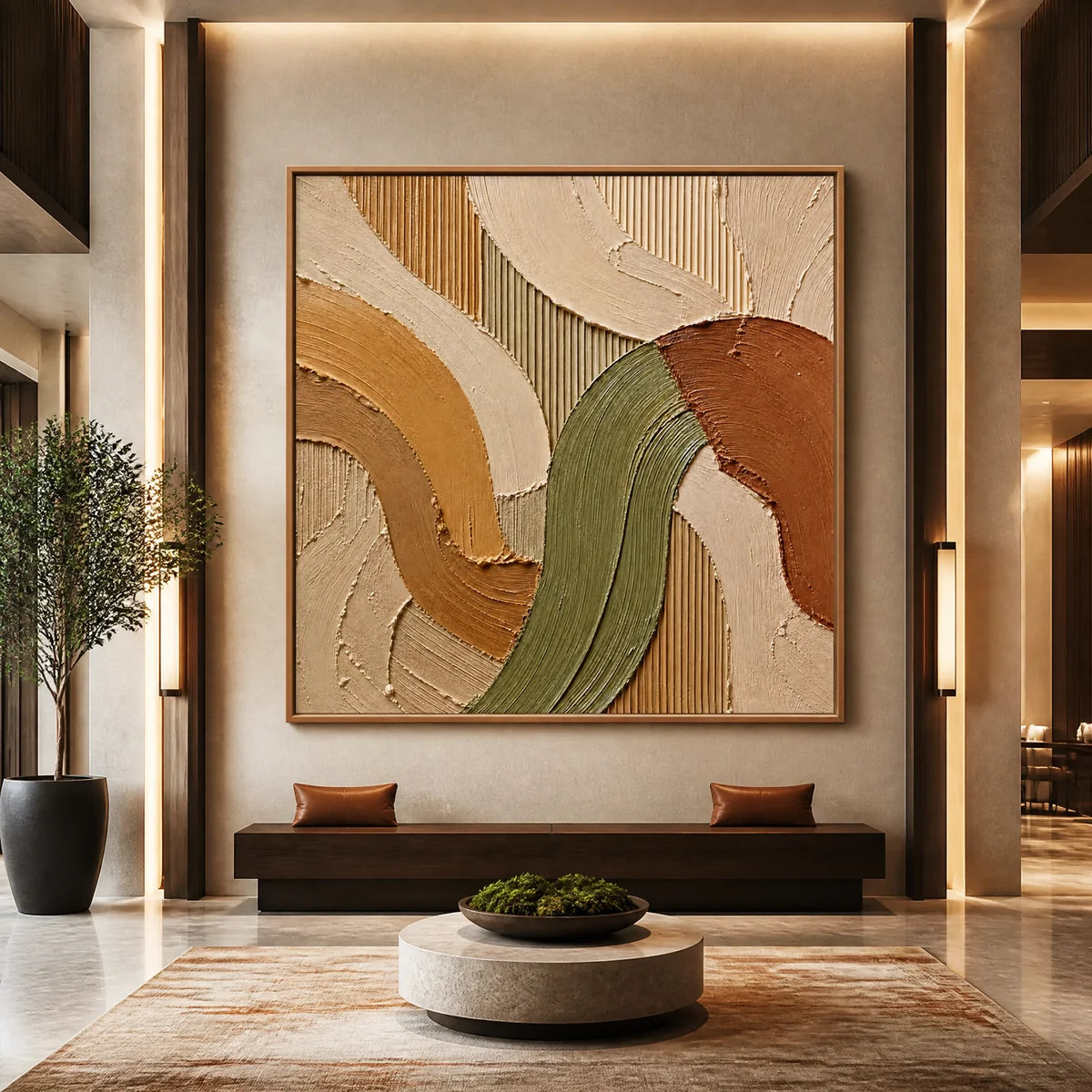 Earthen Meander in a refined hotel interior with wood frame