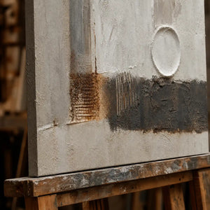 Close-up detail of Pale Equilibrium showing hand-painted texture and part of the frame