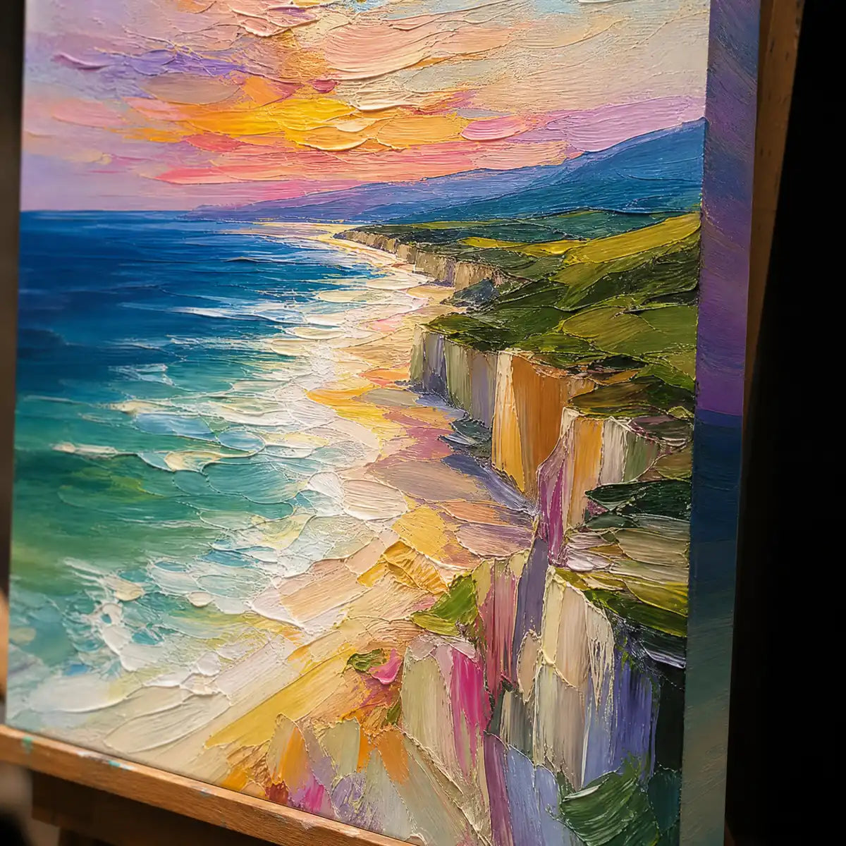 Close-up detail of Prismatic Coast showing hand-painted texture and part of the frame