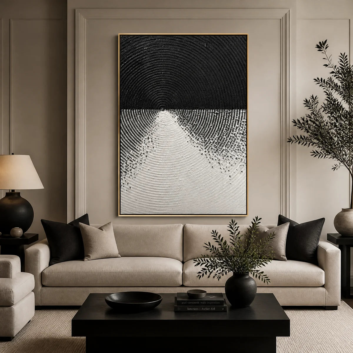 Monochrome Ascent in a refined living room with gold frame