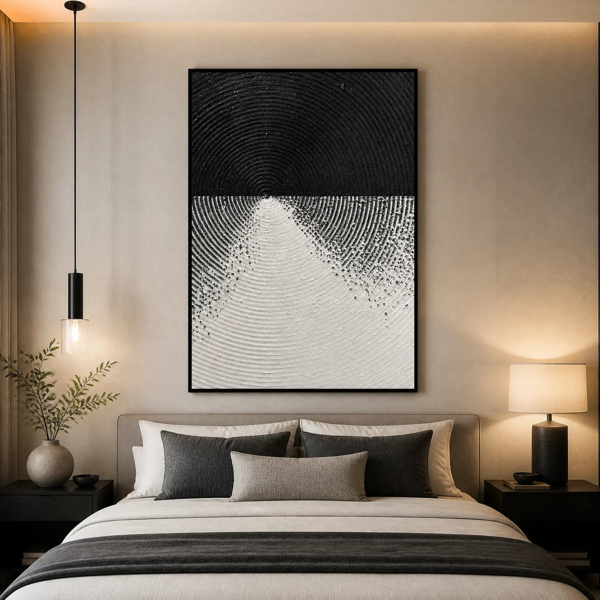 Monochrome Ascent in a refined bedroom with black frame