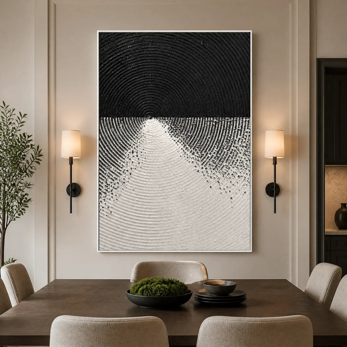 Monochrome Ascent in a refined dining room with white frame