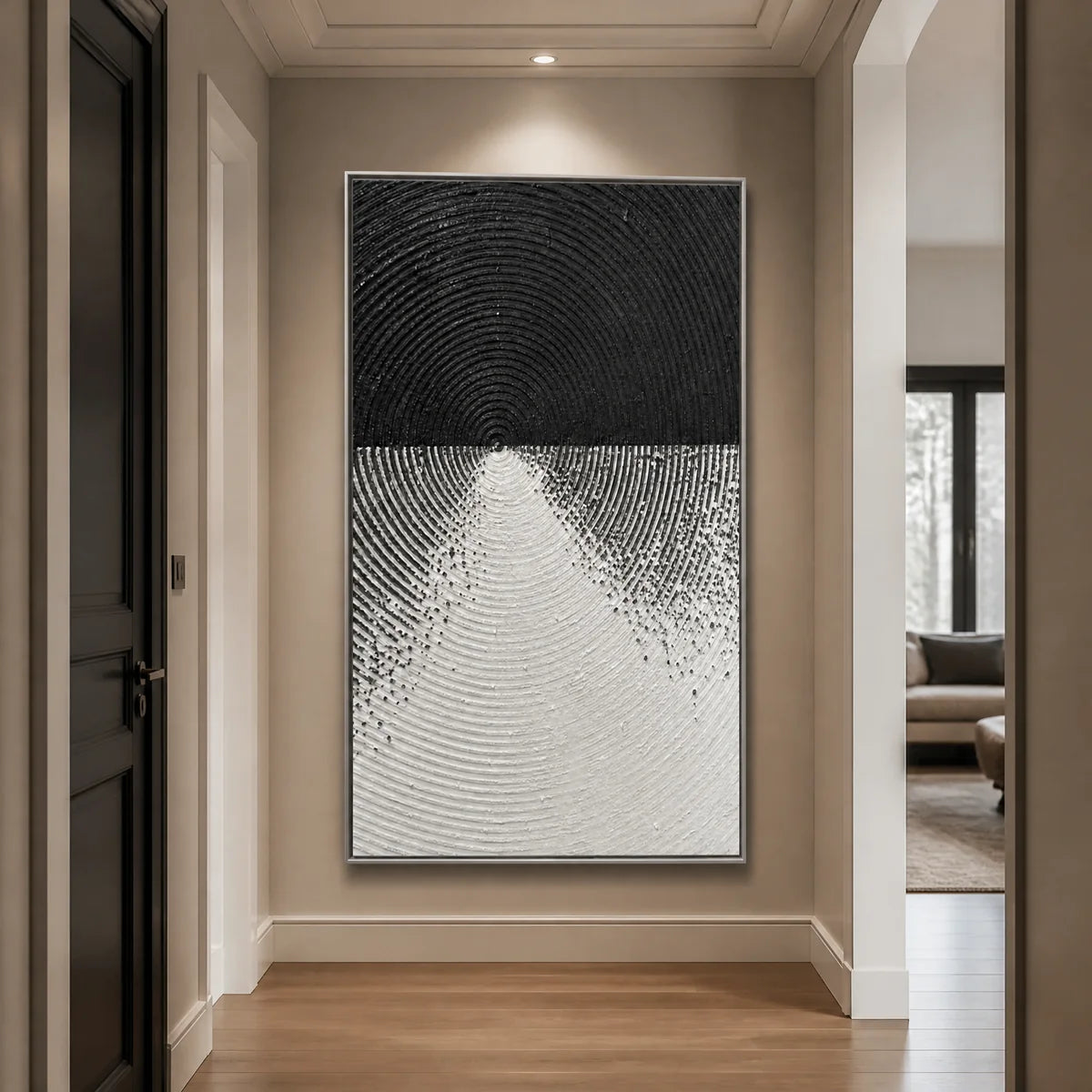 Monochrome Ascent in a refined entry hall with silver frame