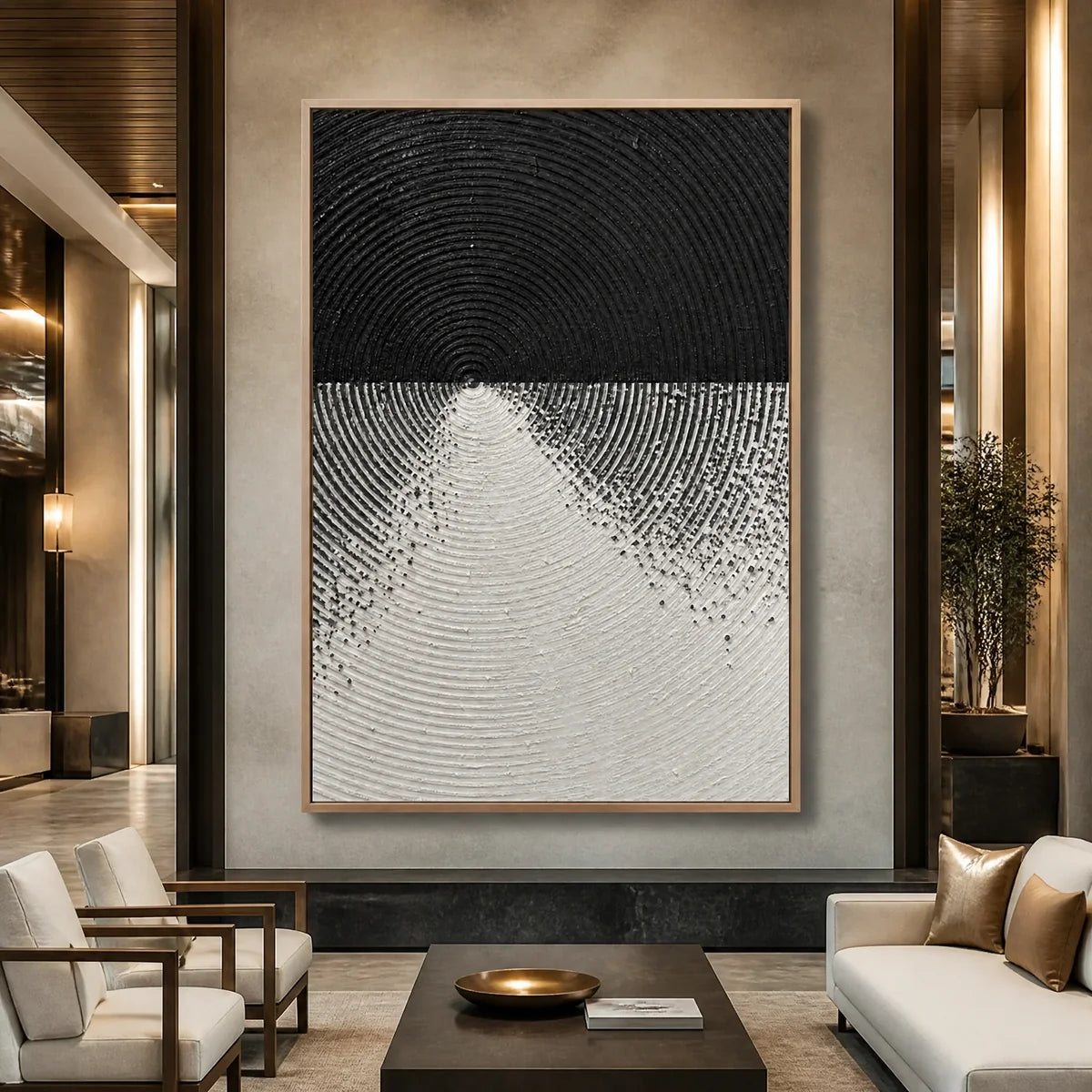 Monochrome Ascent in a refined hotel interior with wood frame