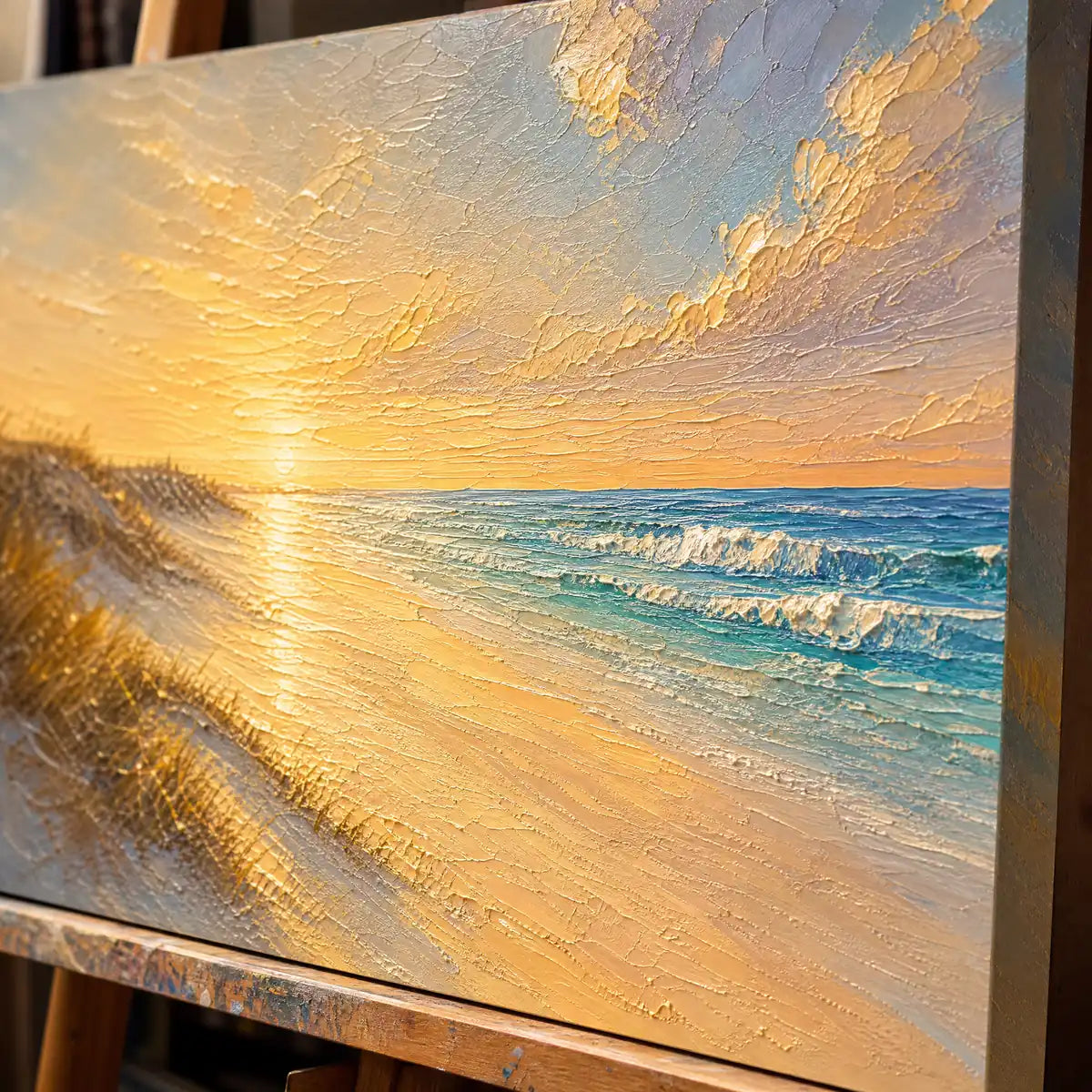 Close-up detail of Gilded Shore showing hand-painted texture and part of the frame