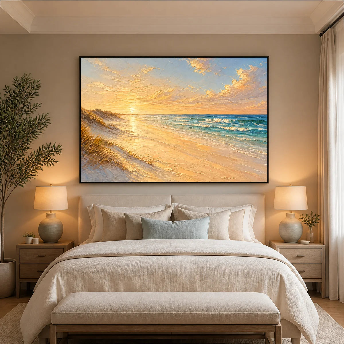 Gilded Shore in a refined bedroom with black frame