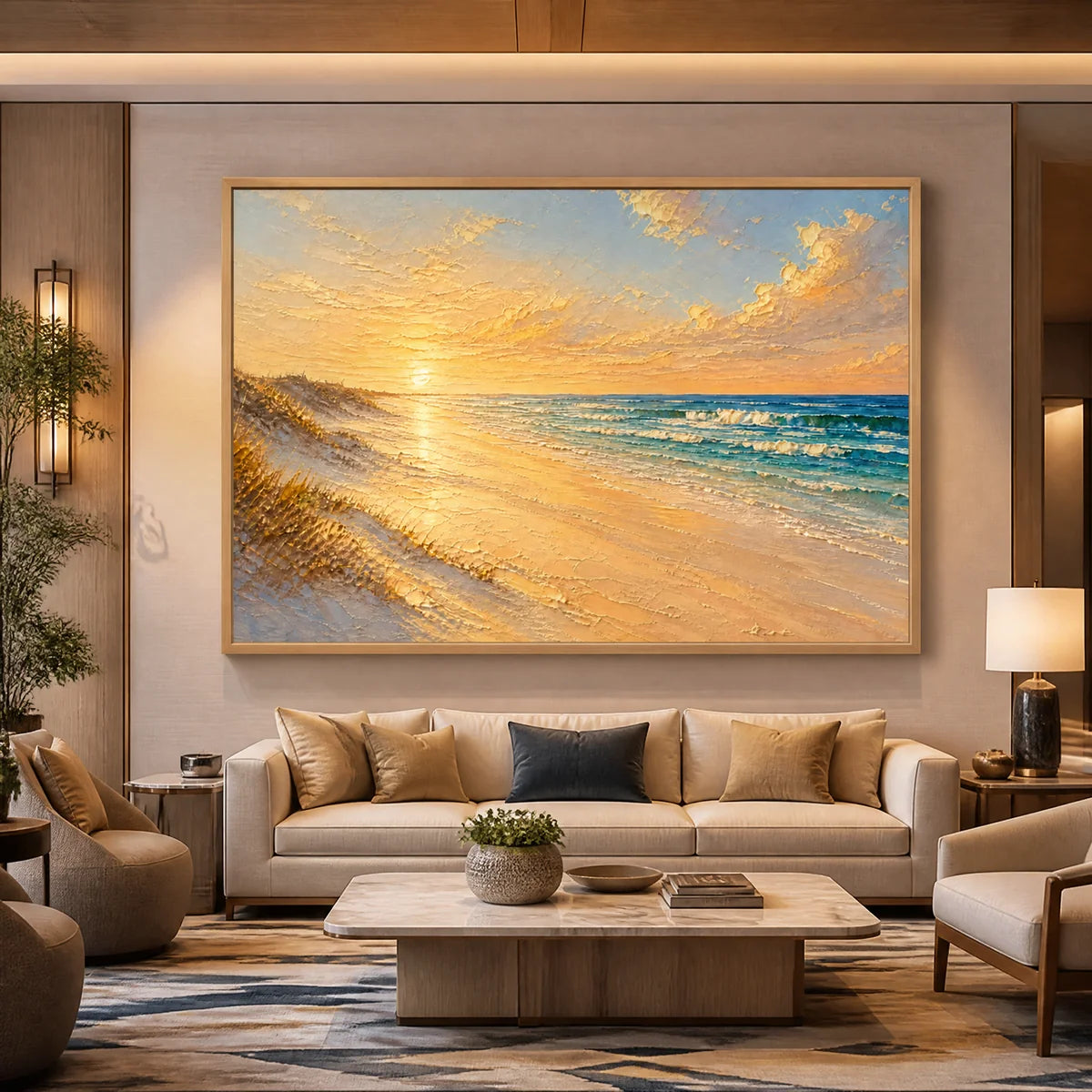 Gilded Shore in a refined hotel interior with wood frame
