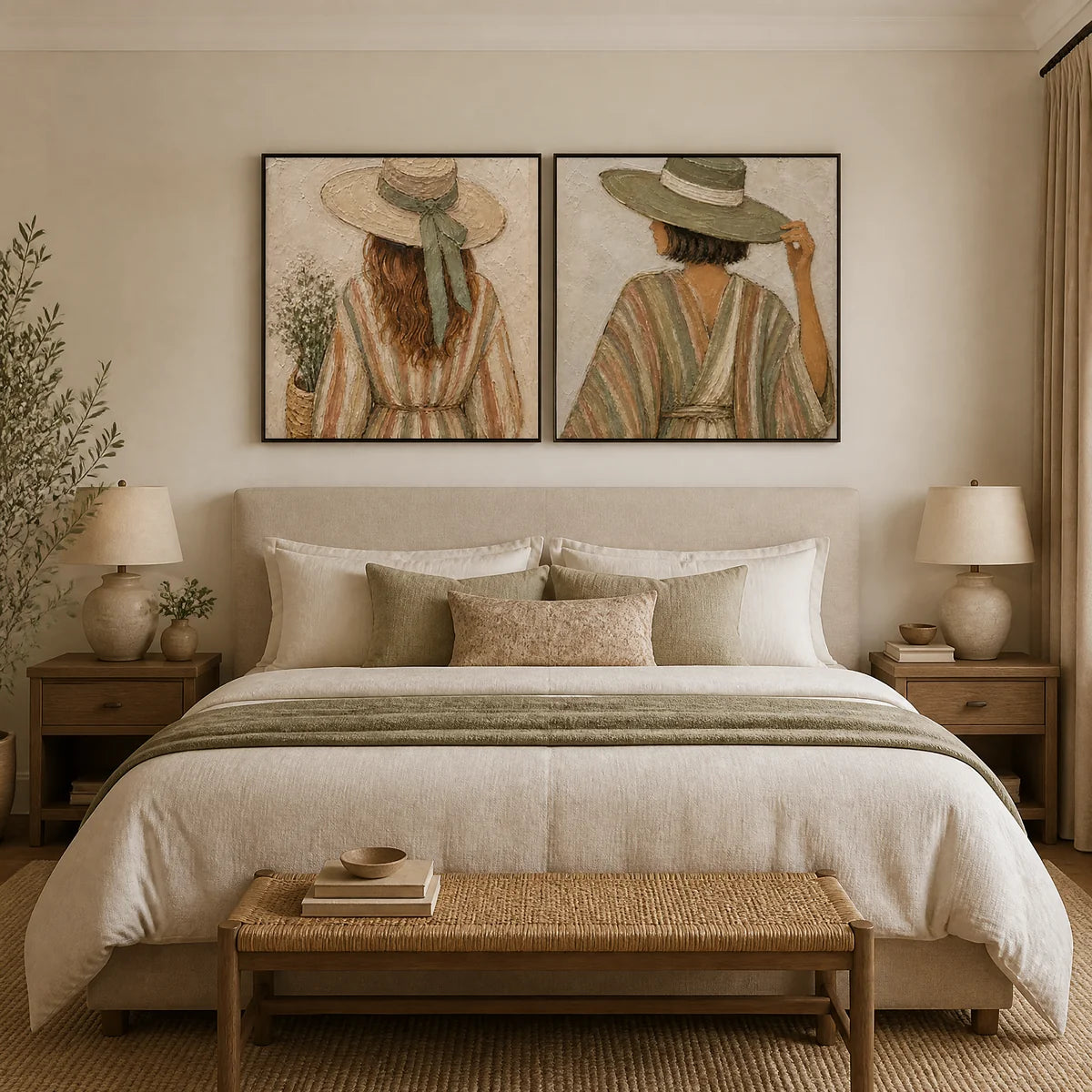 Twin Bohemian Muses in a refined bedroom with black frame