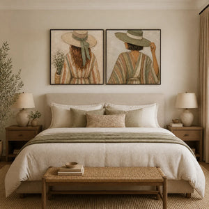 Twin Bohemian Muses in a refined bedroom with black frame