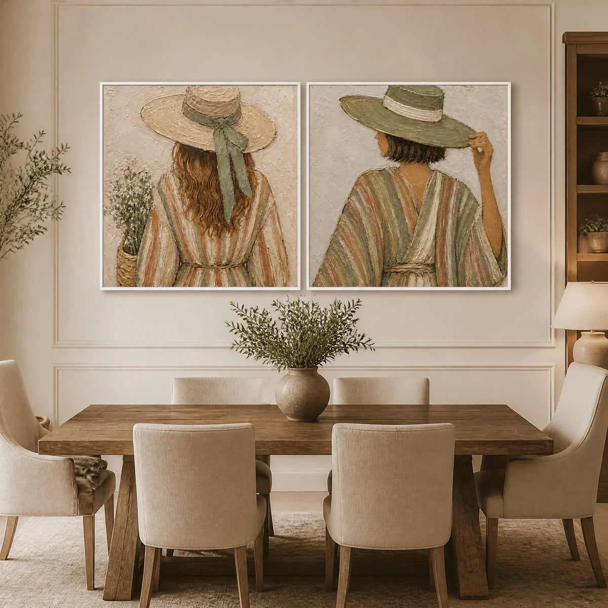 Twin Bohemian Muses in a refined dining room with white frame