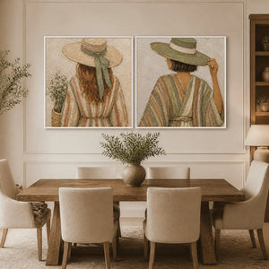 Twin Bohemian Muses in a refined dining room with white frame