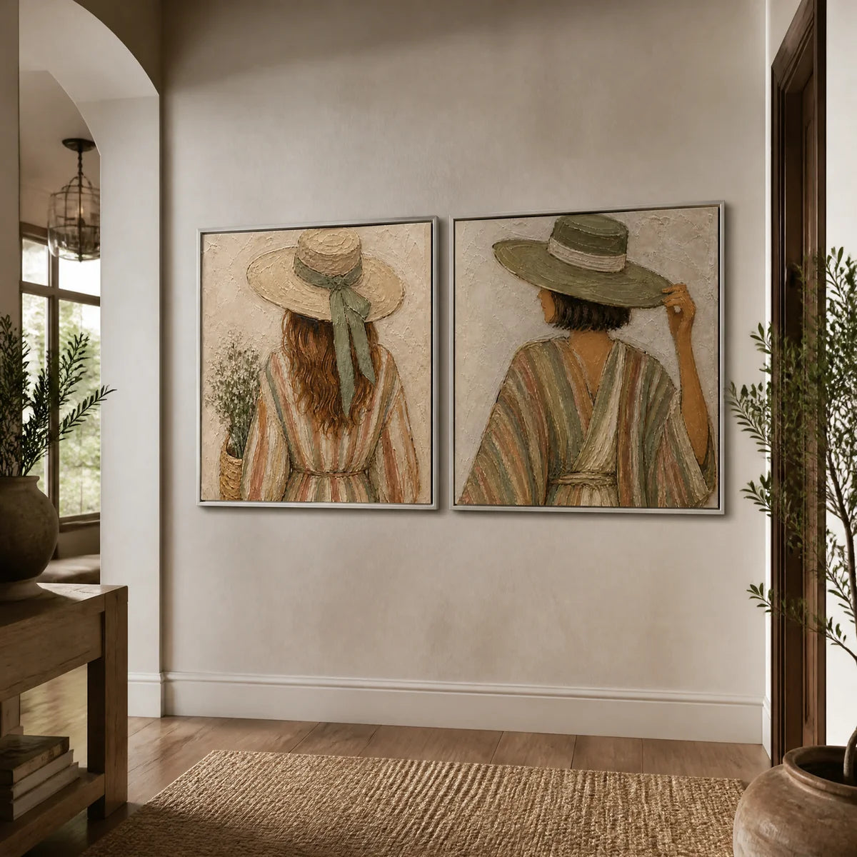 Twin Bohemian Muses in a refined entry hall with silver frame