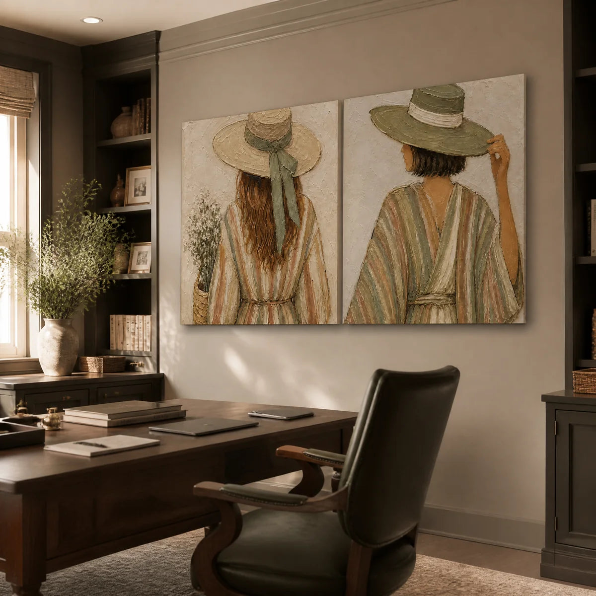 Twin Bohemian Muses in a refined office, frameless