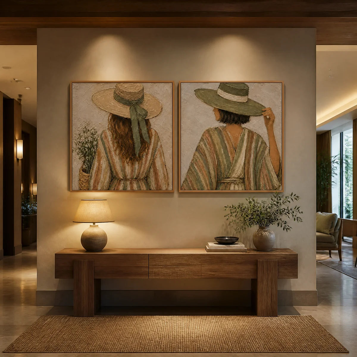 Twin Bohemian Muses in a refined hotel interior with wood frame