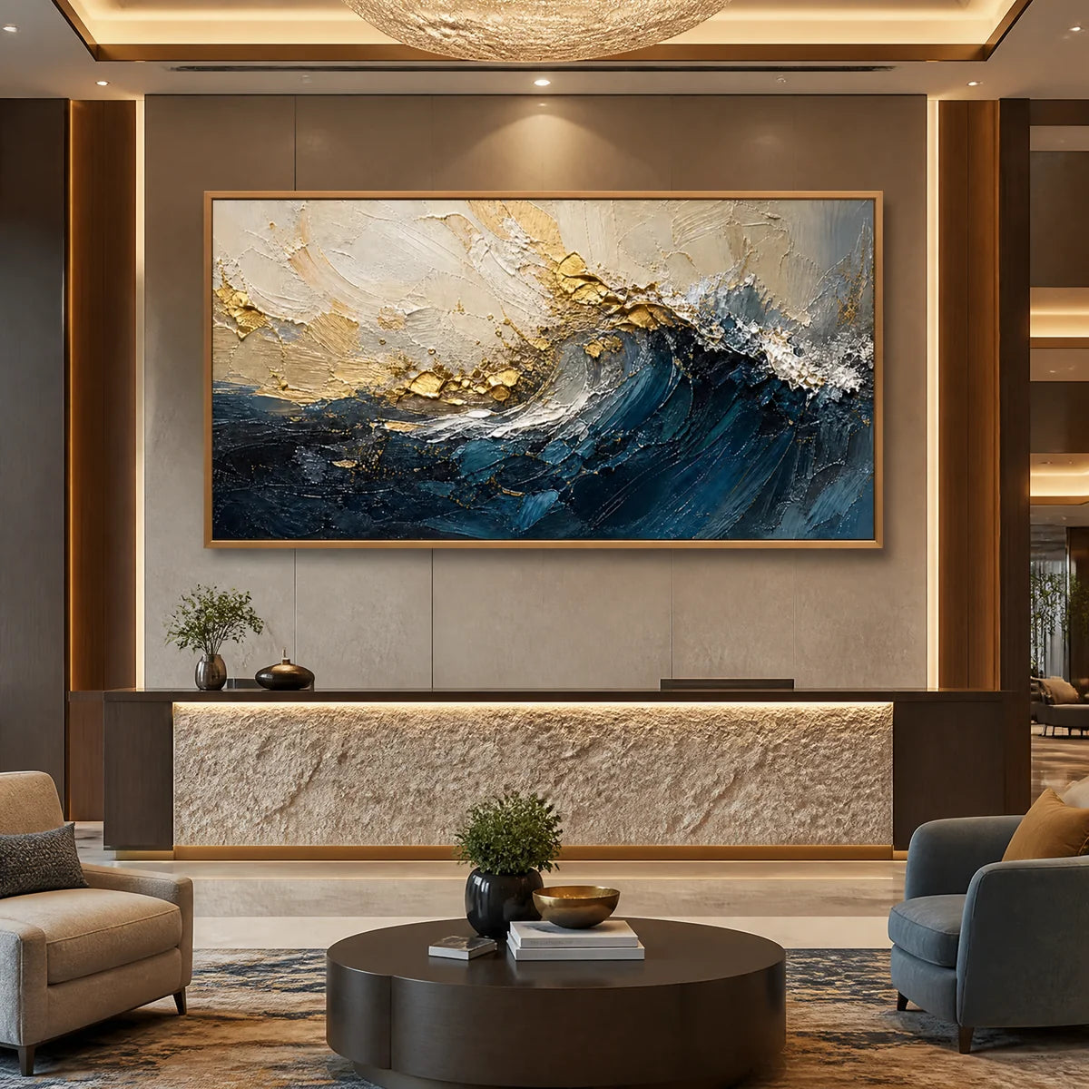 Gilded Deep in a refined hotel interior with wood frame