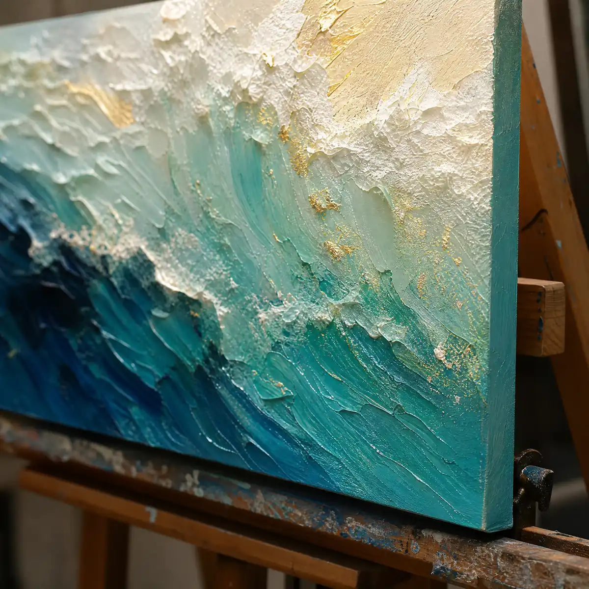 Close-up detail of Turquoise Surge showing hand-painted texture and part of the frame