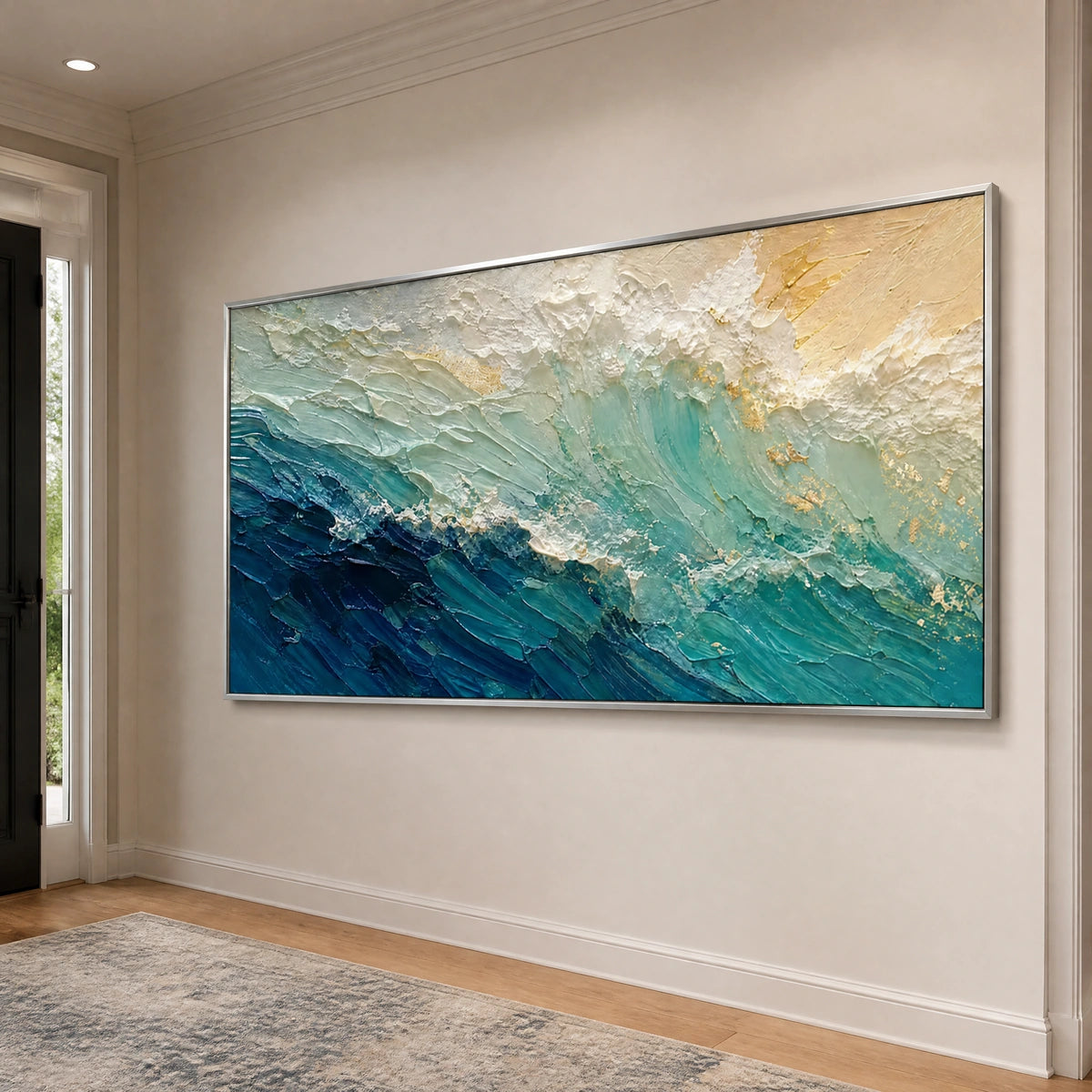 Turquoise Surge in a refined entry hall with silver frame