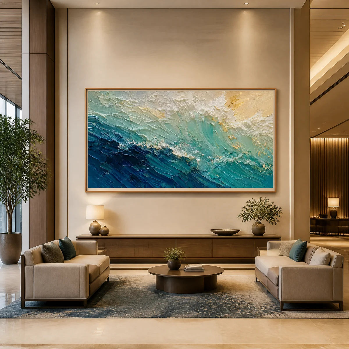 Turquoise Surge in a refined hotel interior with wood frame
