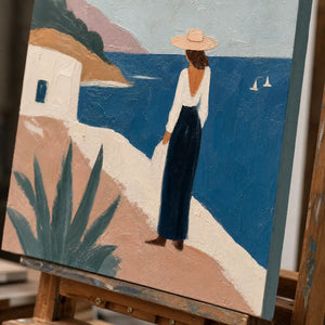Close-up detail of Mediterranean Pause showing hand-painted texture and part of the frame