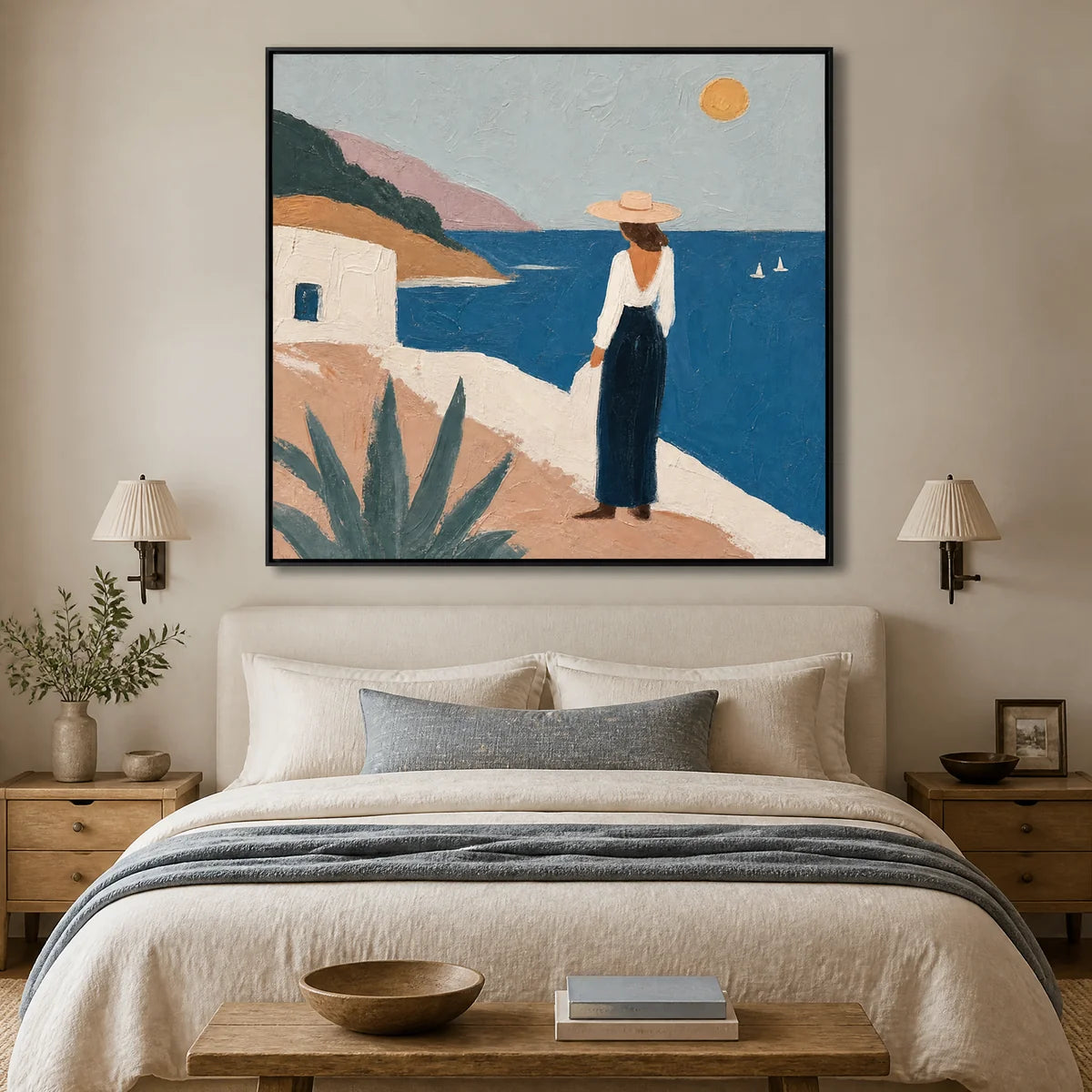 Mediterranean Pause in a refined bedroom with black frame