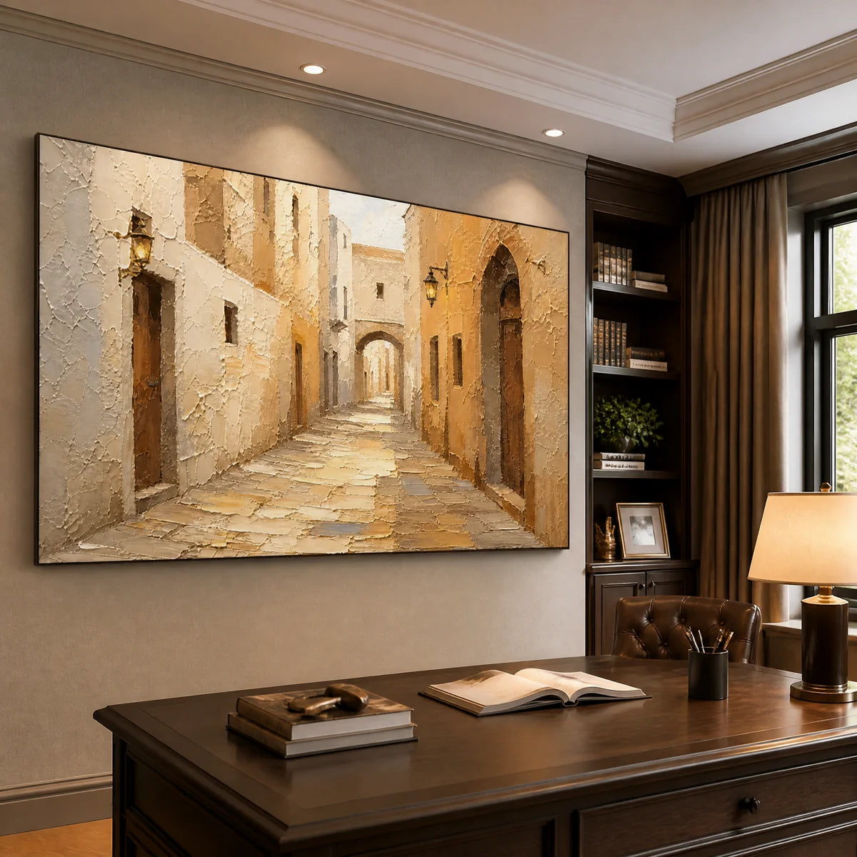 Amber Passage in a refined office, frameless