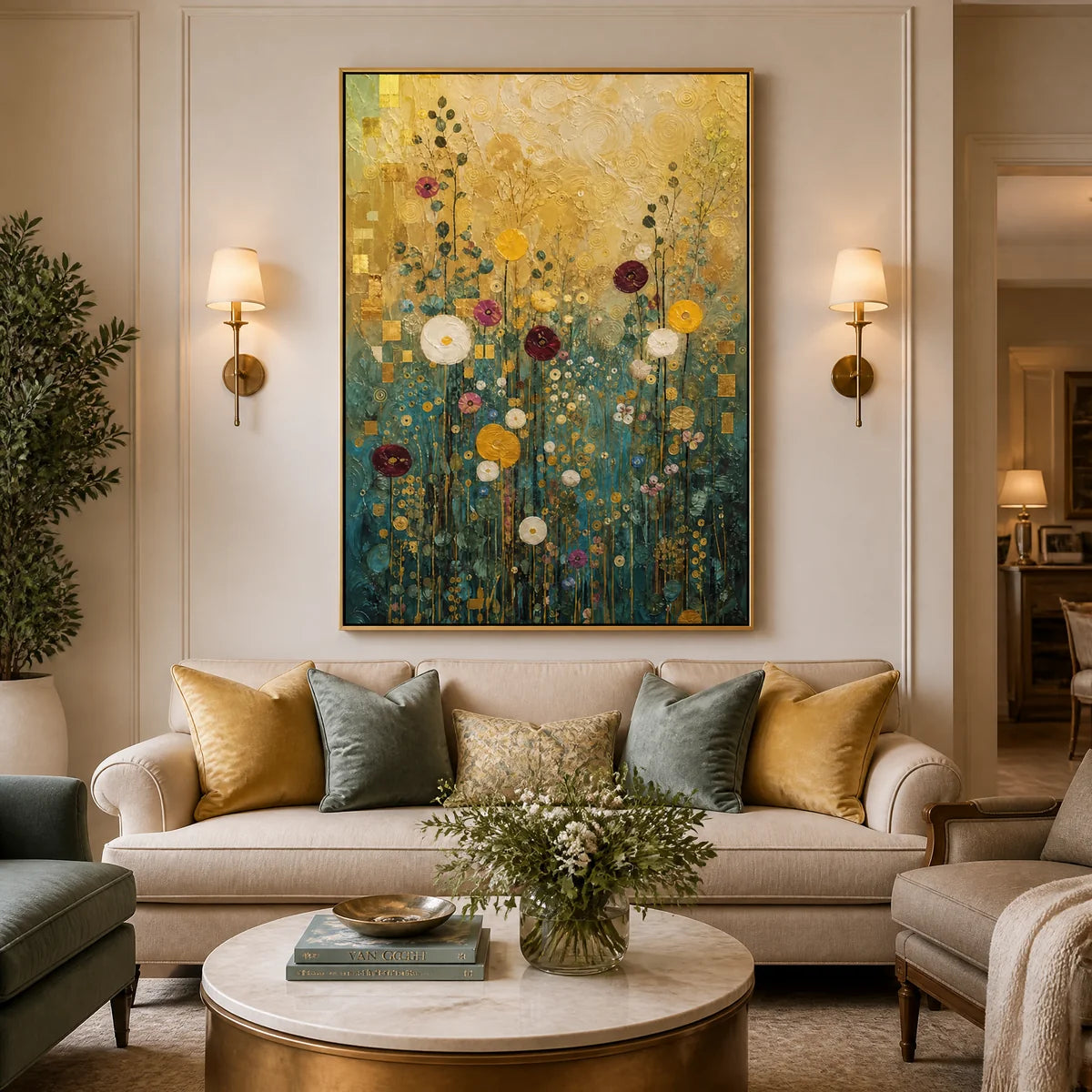 Golden Meadow Song in a refined living room with gold frame