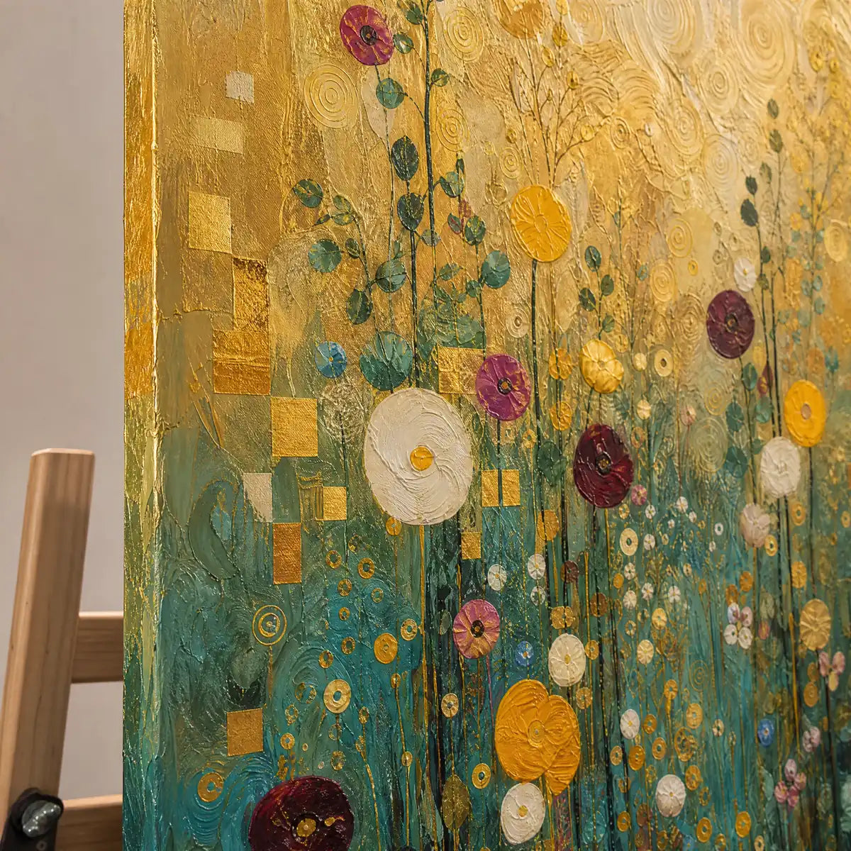 Close-up detail of Golden Meadow Song showing hand-painted texture and part of the frame