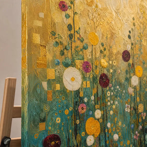 Close-up detail of Golden Meadow Song showing hand-painted texture and part of the frame
